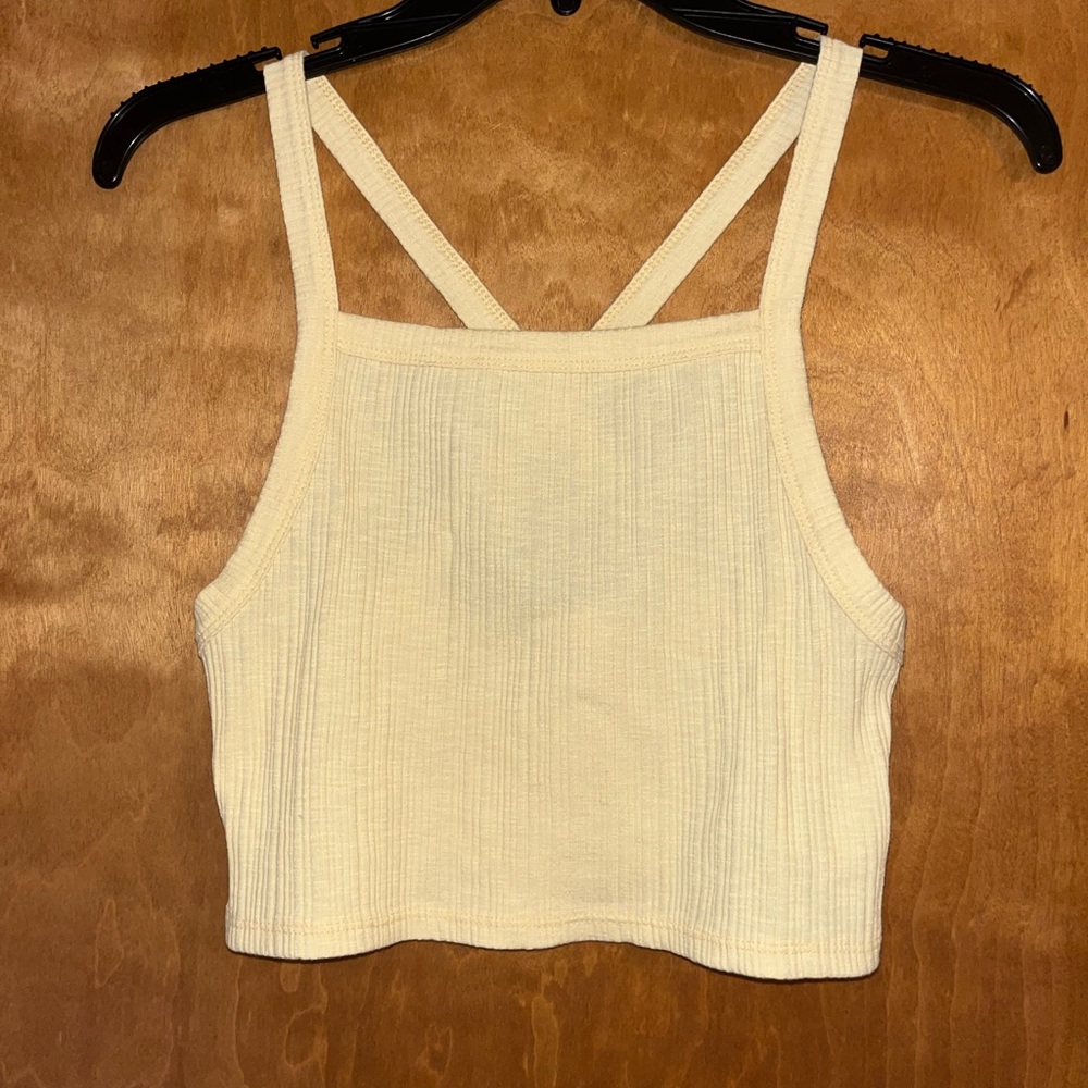 American Eagle Butter Yellow Cropped Ribbed Tank Top